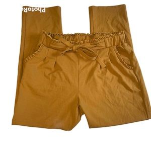 Soho Apparel Gold Dress Pants Ruffle Waist tie belt Large mustard yellow